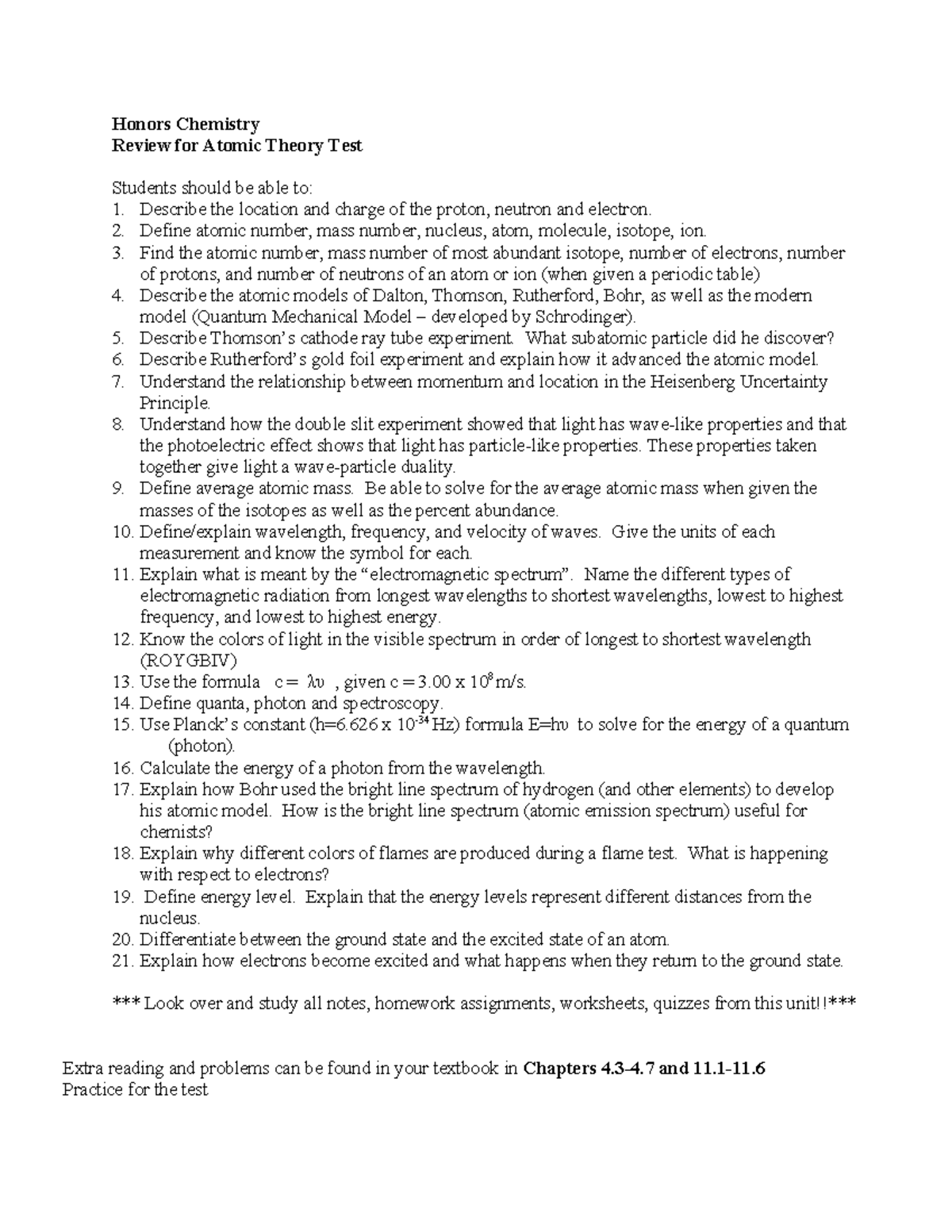 Honors Chemistry CHEM101 Atomic Theory Test Review Guide Studocu Honors Chemistry CHEM101 Atomic Theory Test Review Guide Studocu