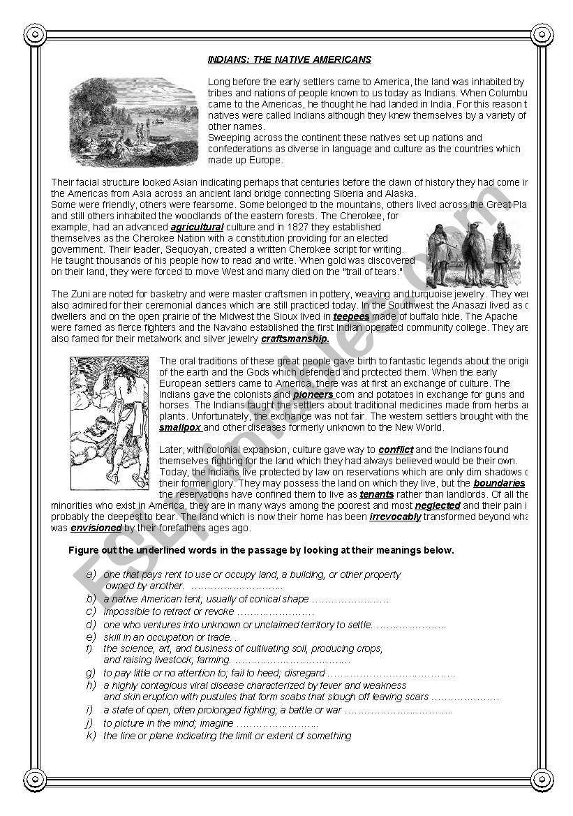 Indians The Native Americans Reading Comprehension 2 ESL Worksheet By Miameto Indians The Native Americans Reading Comprehension 2 ESL Worksheet By Miameto