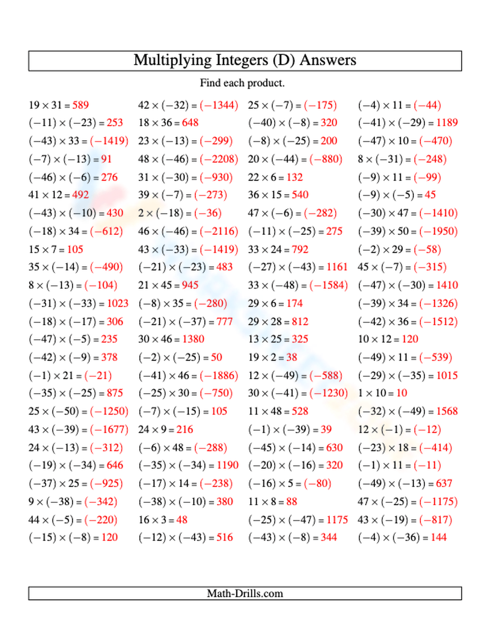 Integer Multiplication 50 To 50 For Practice Worksheet