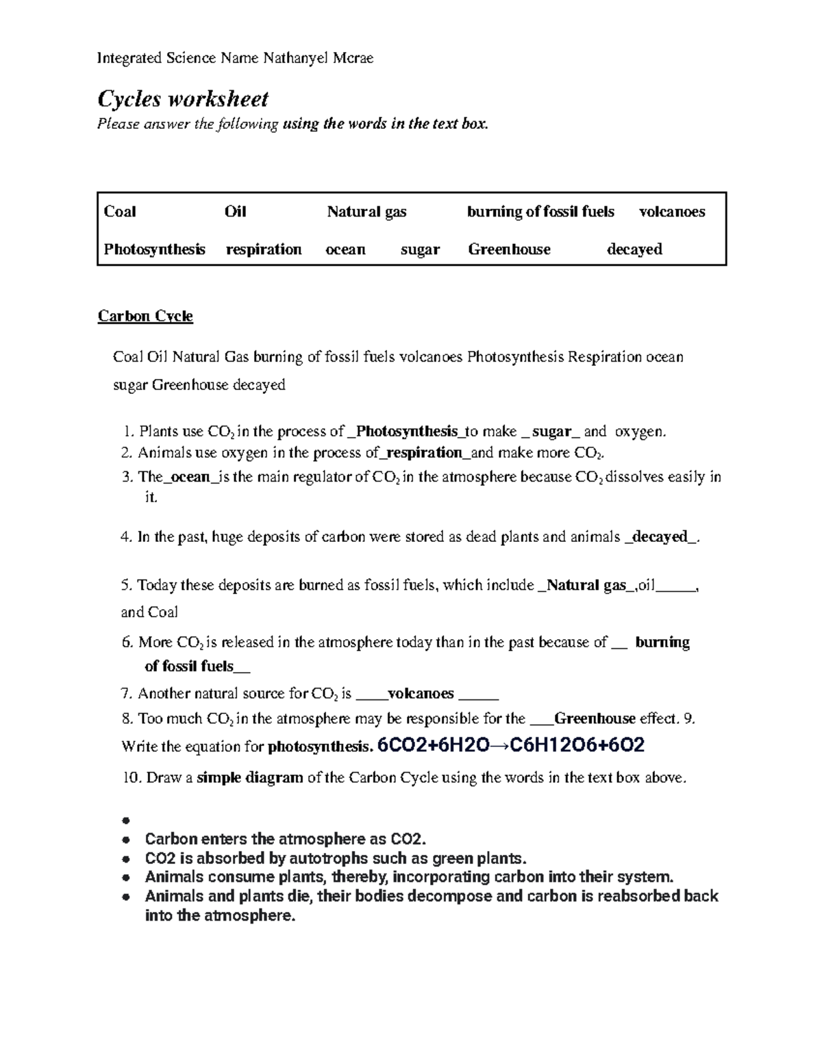 Integrated Science 101 Carbon And Oxygen Cycle Review Activity Studocu