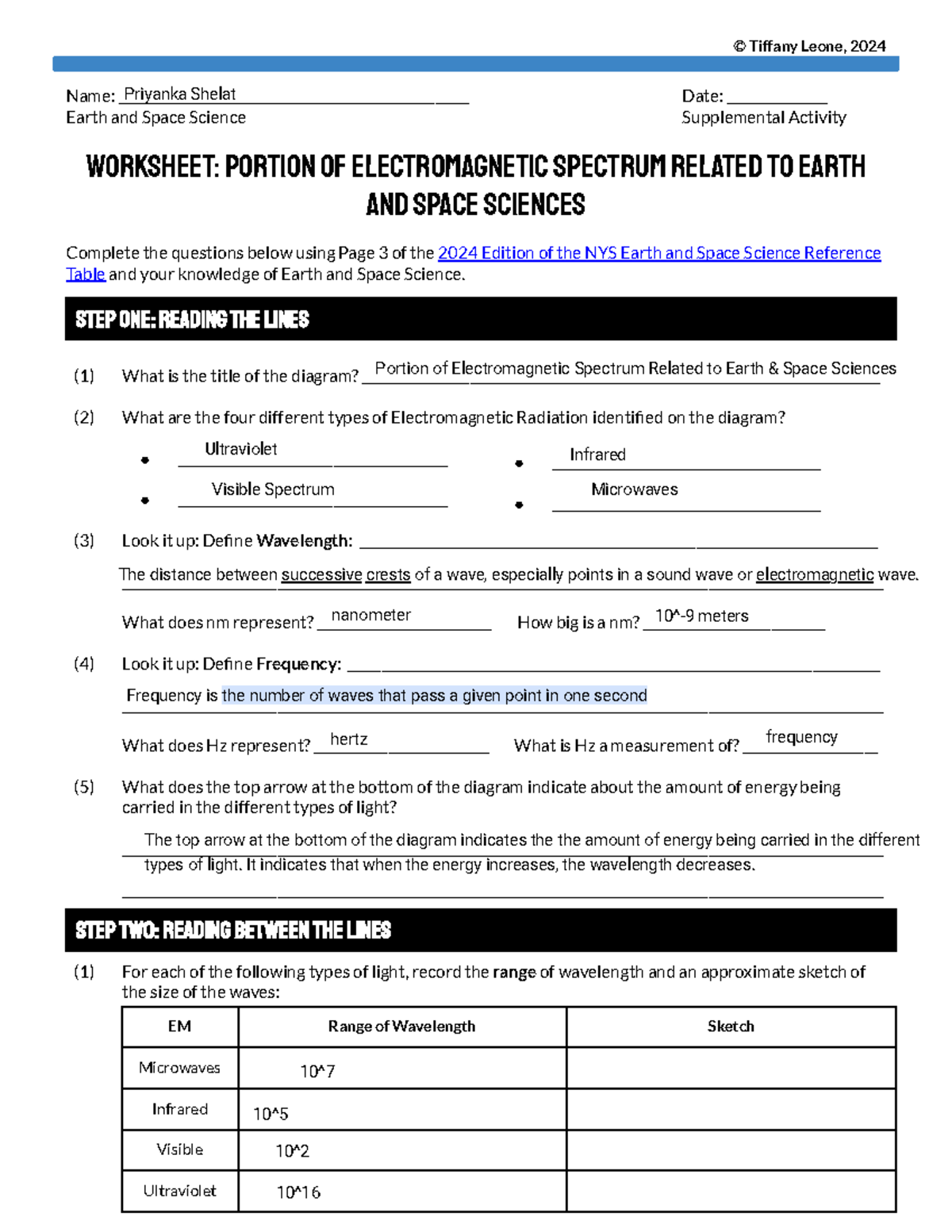 Kami Export HS ESS1 2 Worksheet On Electromagnetic Spectrum In Earth Sciences Studocu