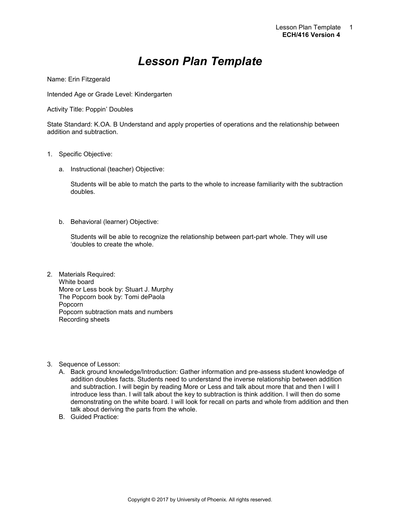 Kindergarten Subtraction Doubles Lesson Plan Kindergarten Subtraction Doubles Lesson Plan