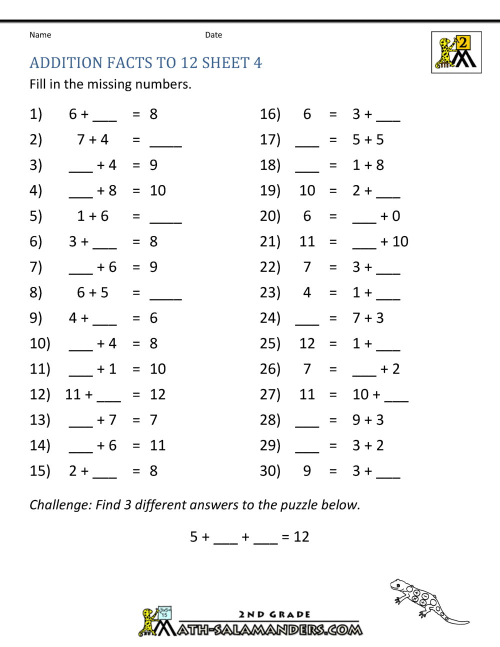 Learning Addition Facts To 12 Learning Addition Facts To 12