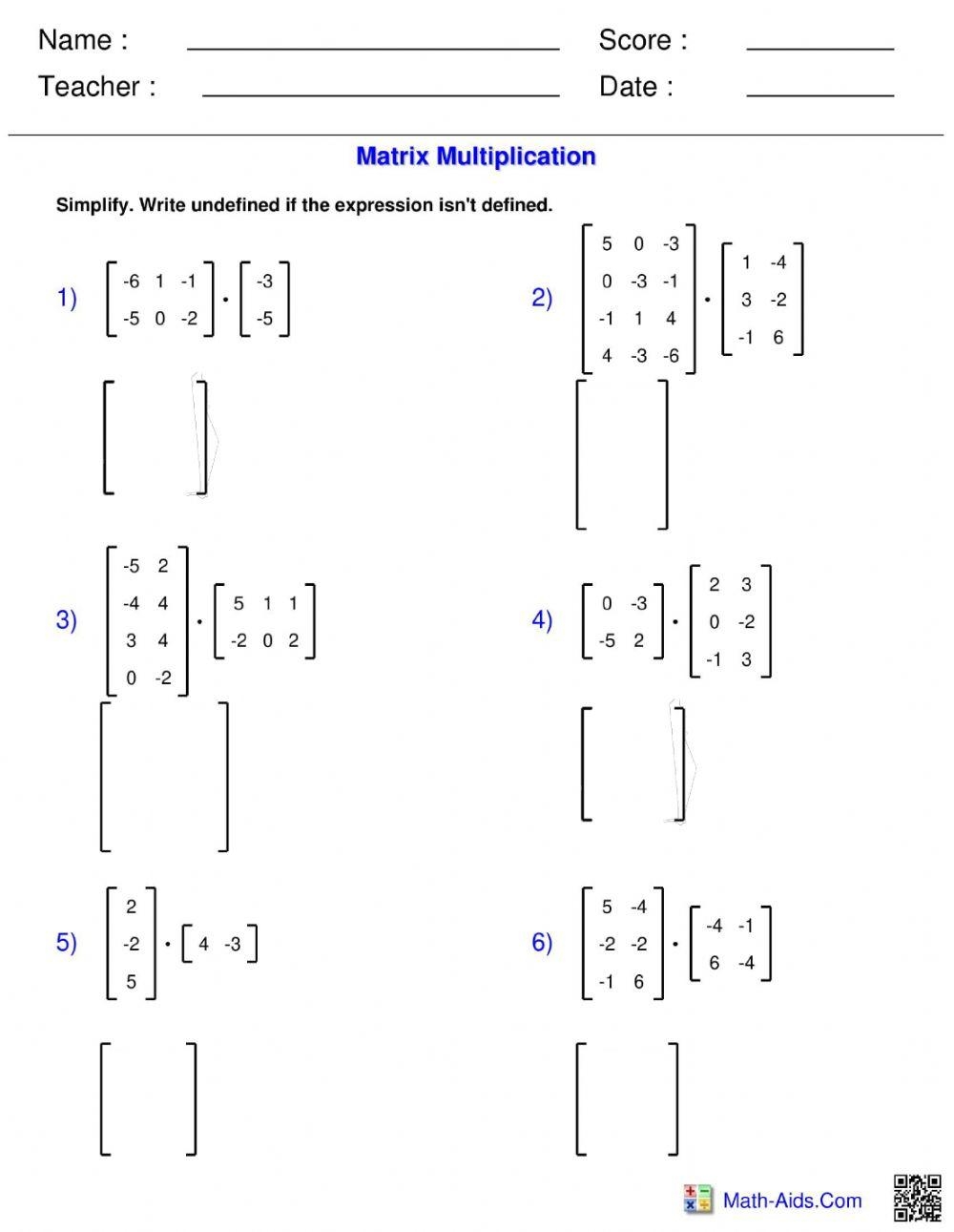 Print The Free Matrix Multiplication Algebra 2 Worksheet Worksheets Library