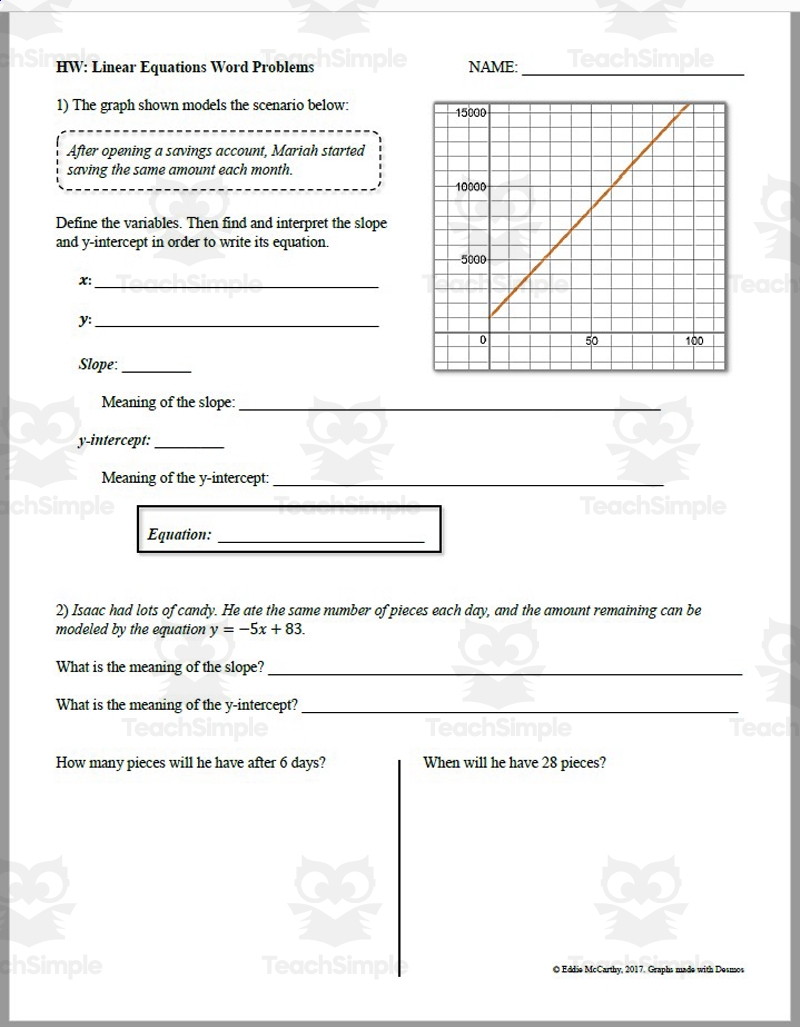 Linear Equation Word Problems Guided Notes Homework Set By Teach Simple