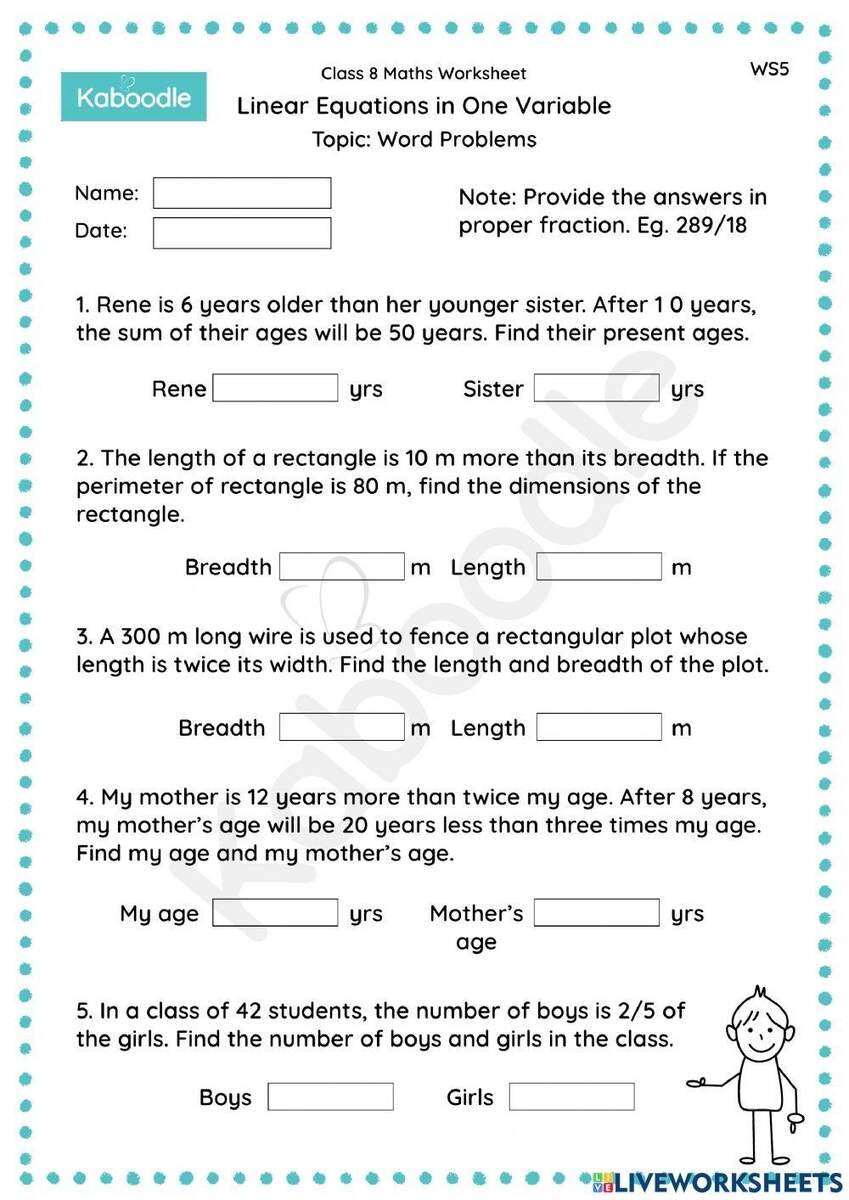 Linear Equations In One Variable Word Problems Worksheets Library