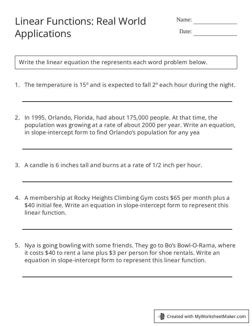 Linear Functions Real World Applications My Worksheet Maker Create Your Own Worksheets
