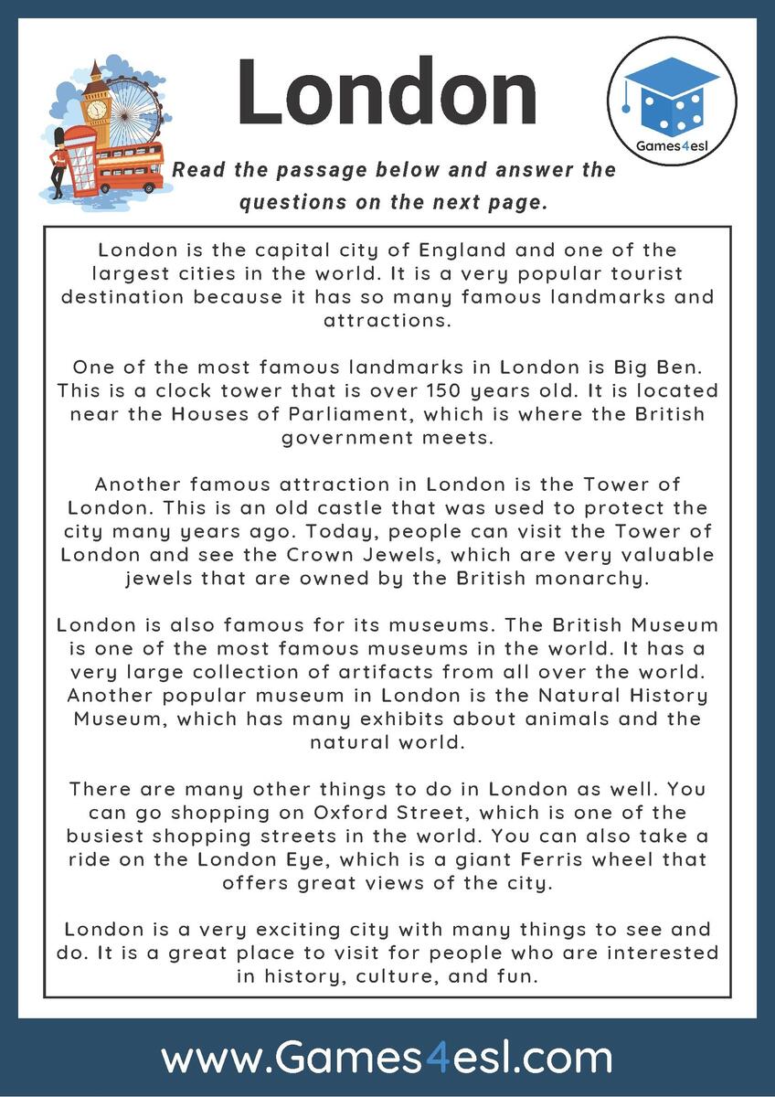 London Reading Comprehension Worksheet Games4esl