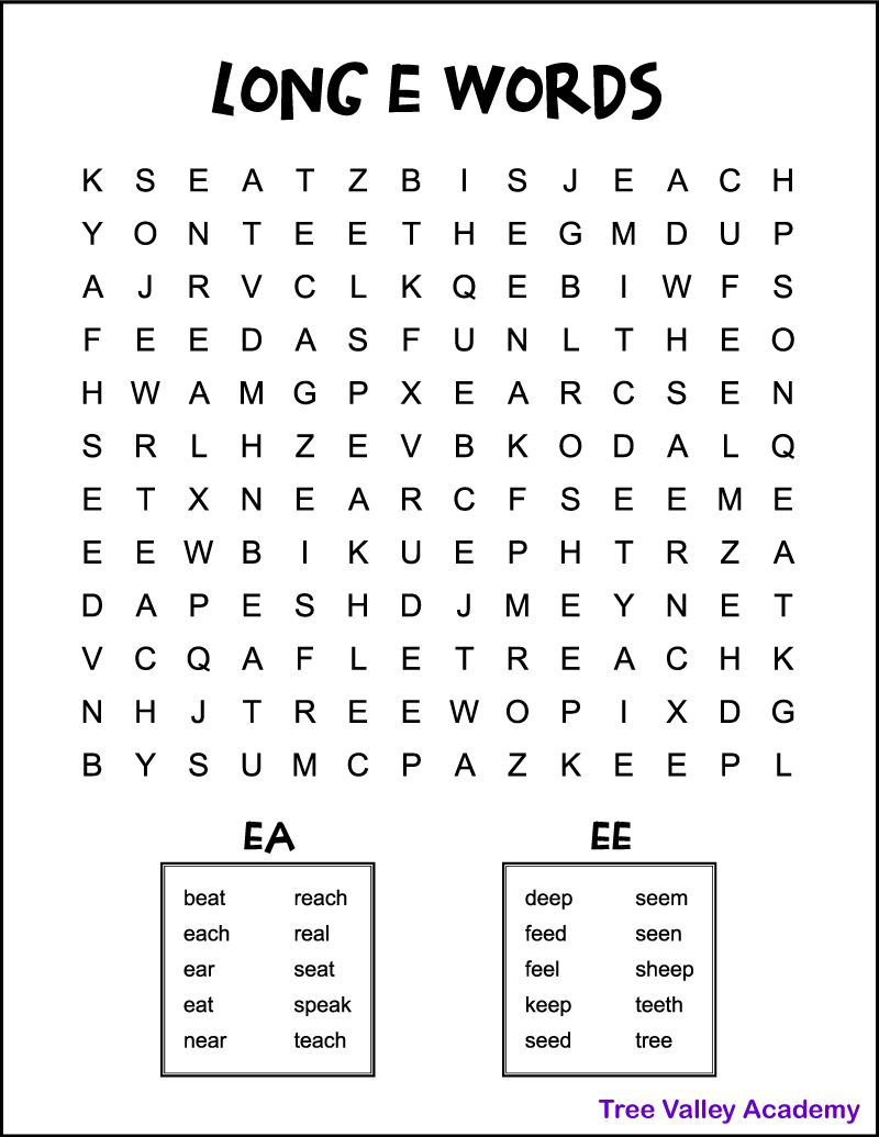 Long E Word Search Tree Valley Academy Ee Worksheets Lessons FREE Reading Elephant