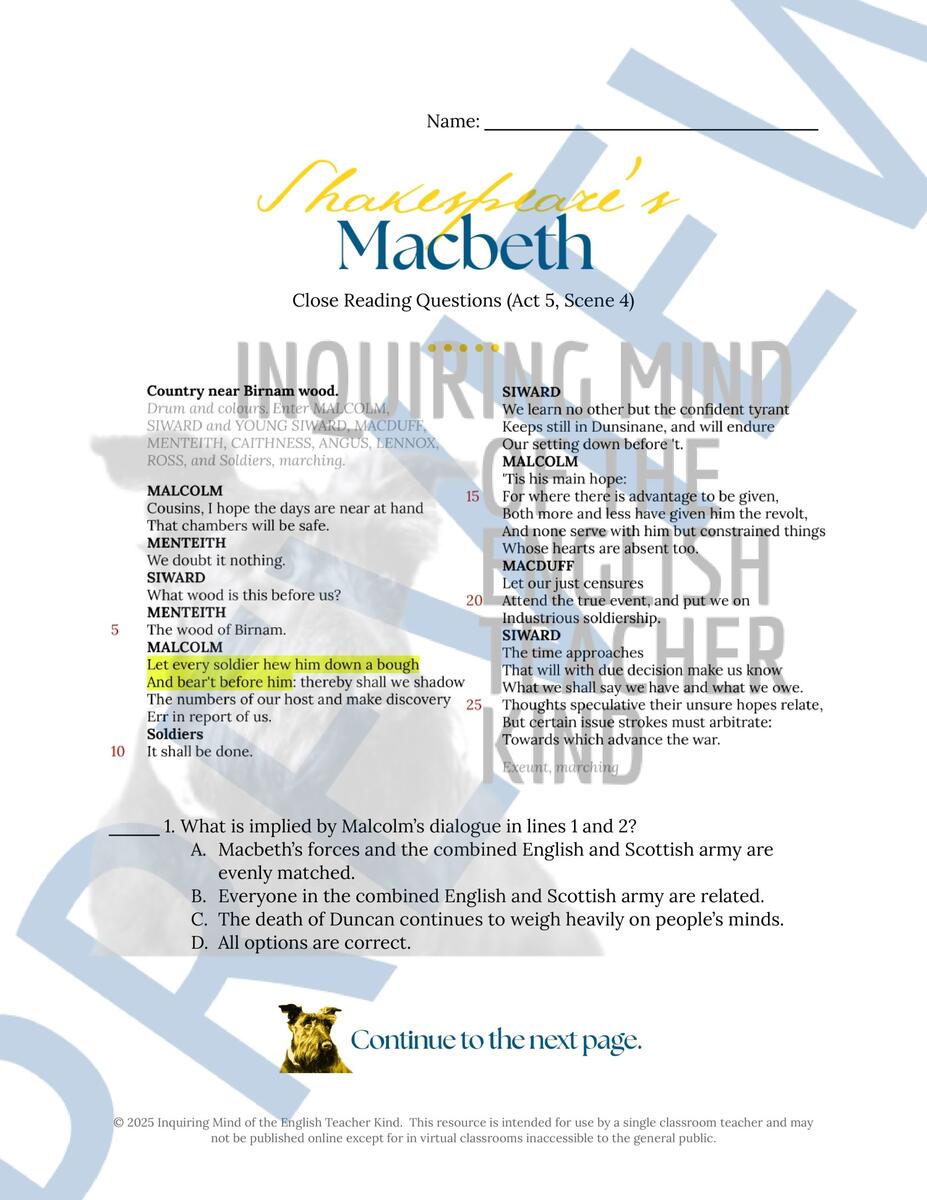 Macbeth Act 5 Scene 4 Close Reading Worksheet For High School Made By Teachers