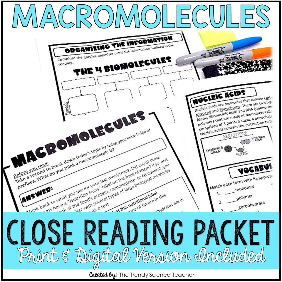 Macromolecules Close Reading Assignment Print And Digital The Trendy Science Teacher Macromolecules Guided Reading Comprehension With Questions And Activities Classful