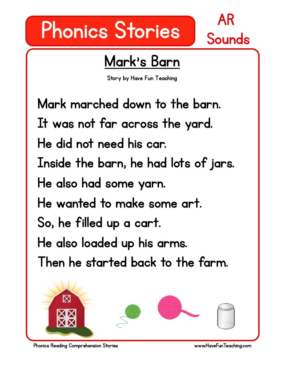 Mark S Barn Phonics Reading Comprehension Story Worksheet AR Sound Have Fun Teaching