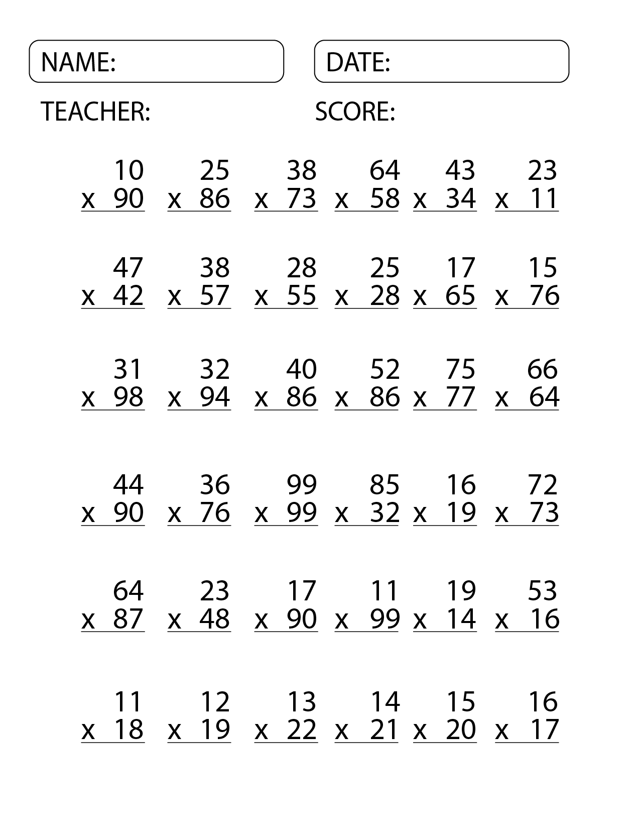 Double Digit Multiplication Worksheets 4th Grade