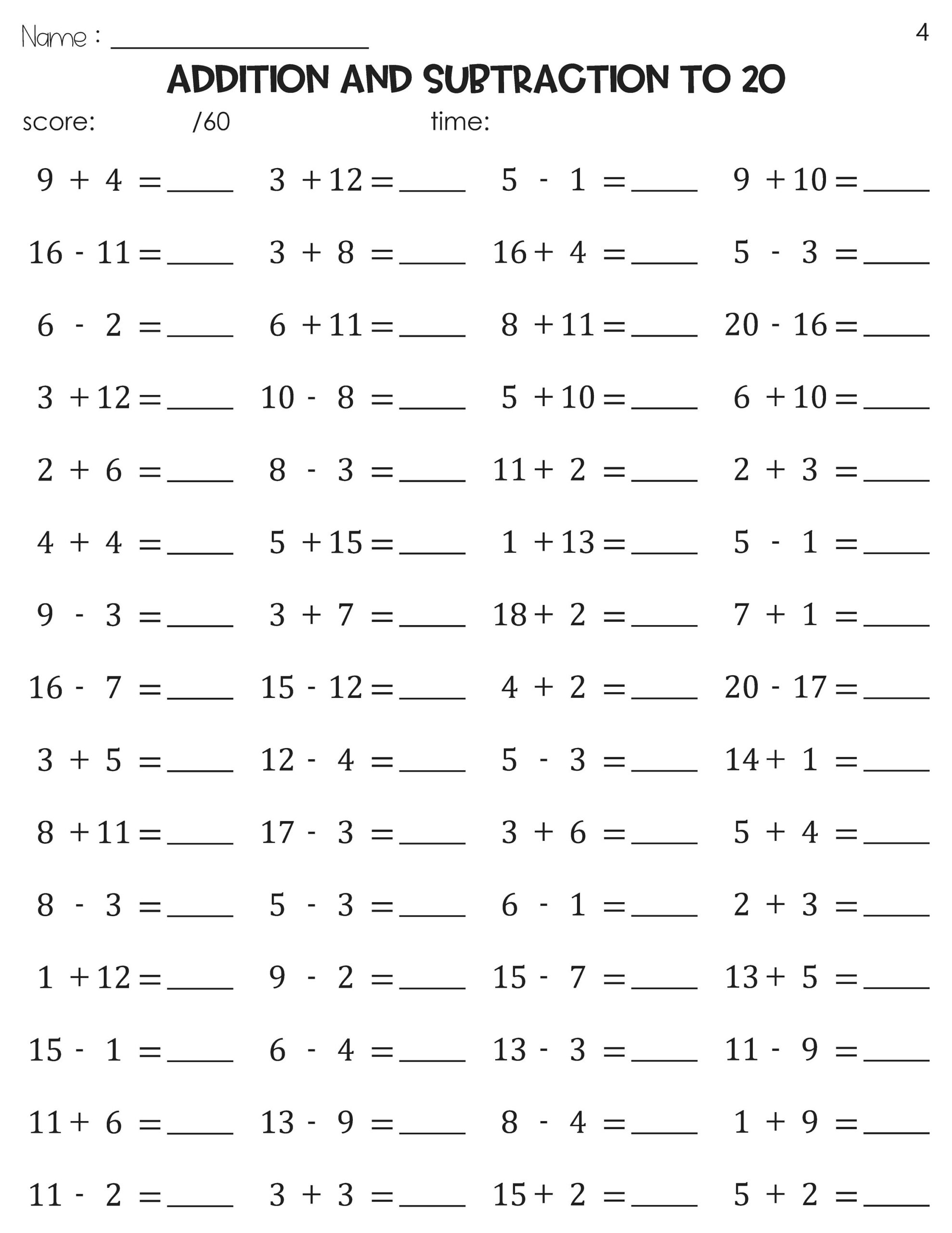 Math Fact Fluency Addition And Subtraction To 20 Timed Tests Practice Etsy Israel Addition And Subtraction Worksheets Superstar Worksheets