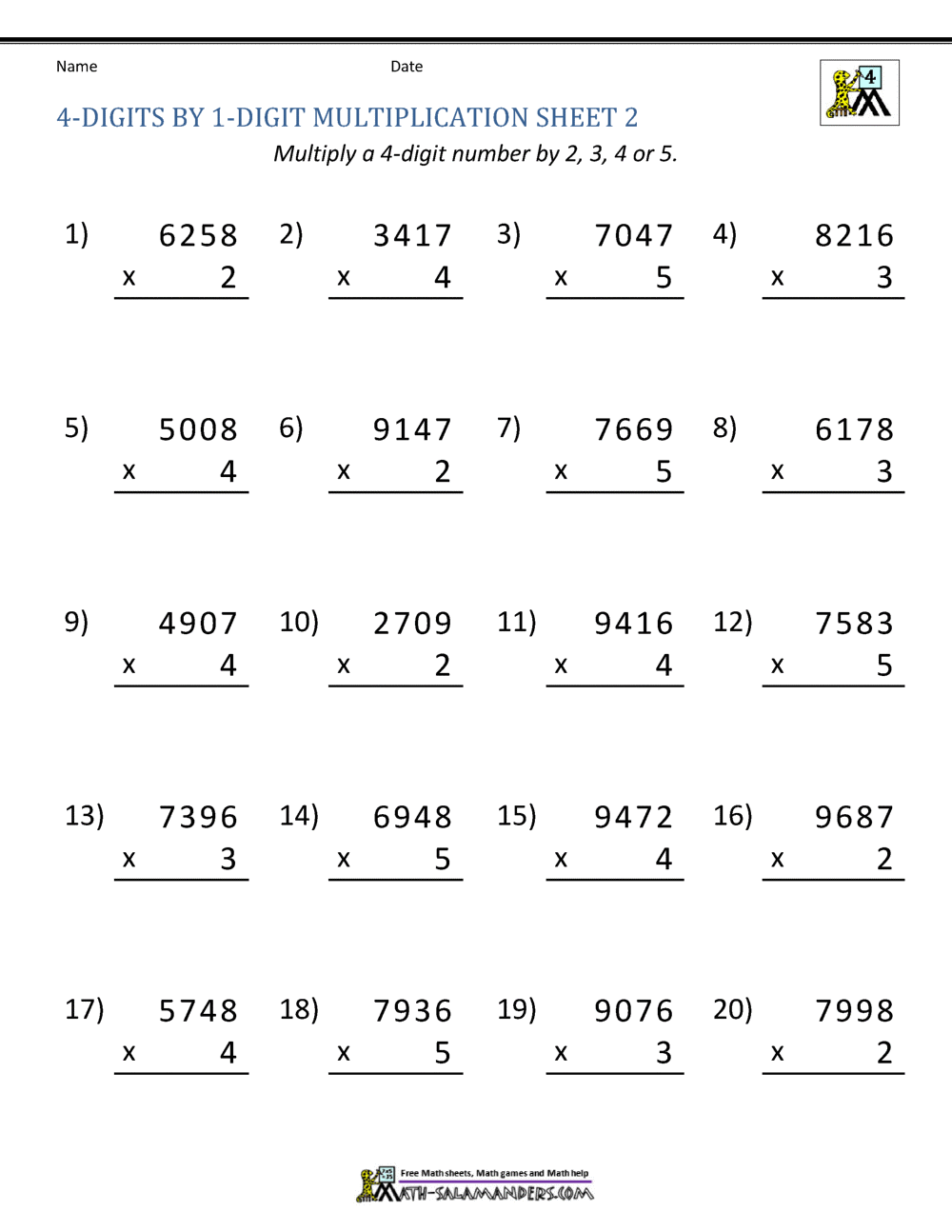 Grade 4 Multiplication Worksheets