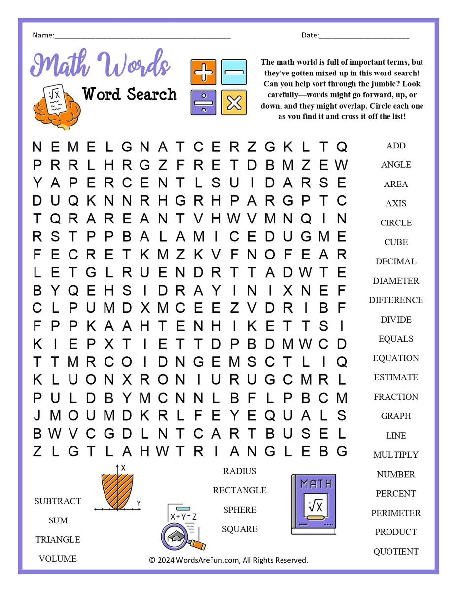 Math Words Word Search Printable