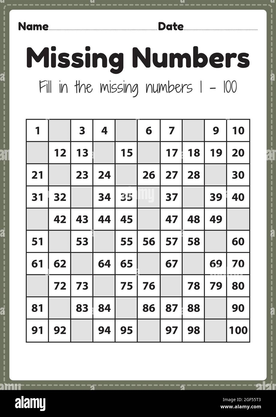 Maths Worksheets Missing Numbers 1 To 100 Printable Sheet For Preschool And Kindergarten Kids Activity To Learn Basic Mathematics Skills Stock Vector Image Art Alamy