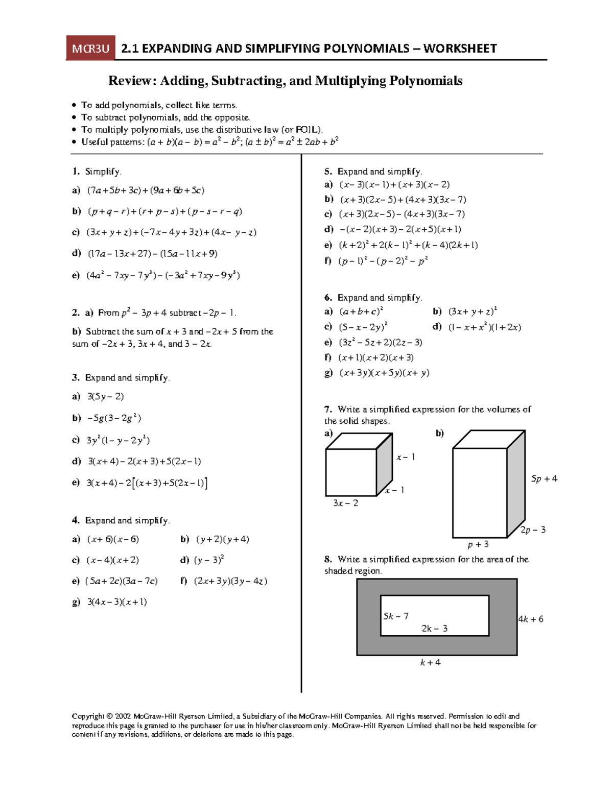 MCR3U Expanding Simplifying Polynomials Worksheet 2 1 Studocu
