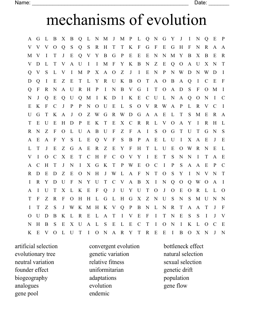 Mechanisms Of Evolution Word Search WordMint