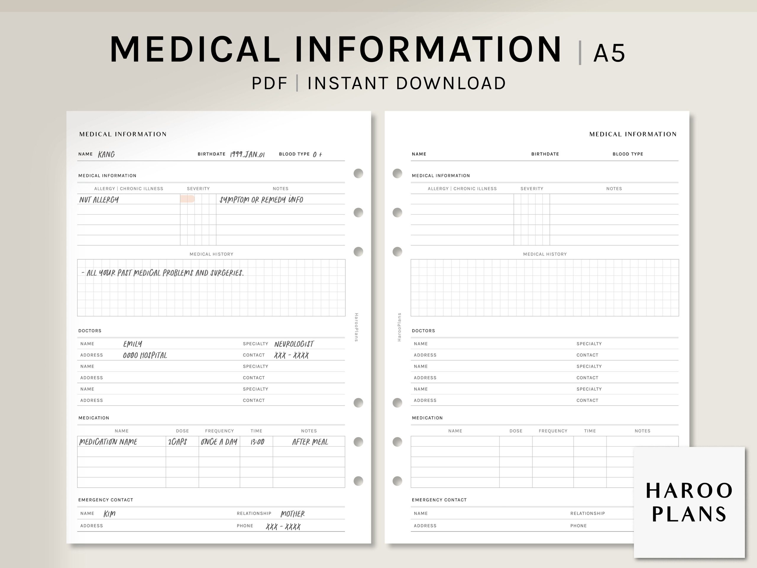 Medical Information Sheet A5 Printable Planner Inserts Simple Health Info Worksheet Doctor List Medication Log PDF Digital Download Etsy