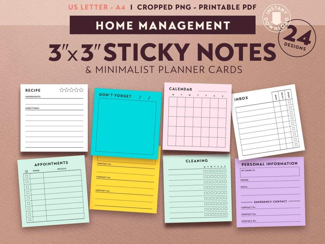 Minimalist Home Management Sticky Notes 3x3 Planner Cards PDF Etsy Minimalist Home Management Sticky Notes 3x3 Planner Cards PDF Etsy