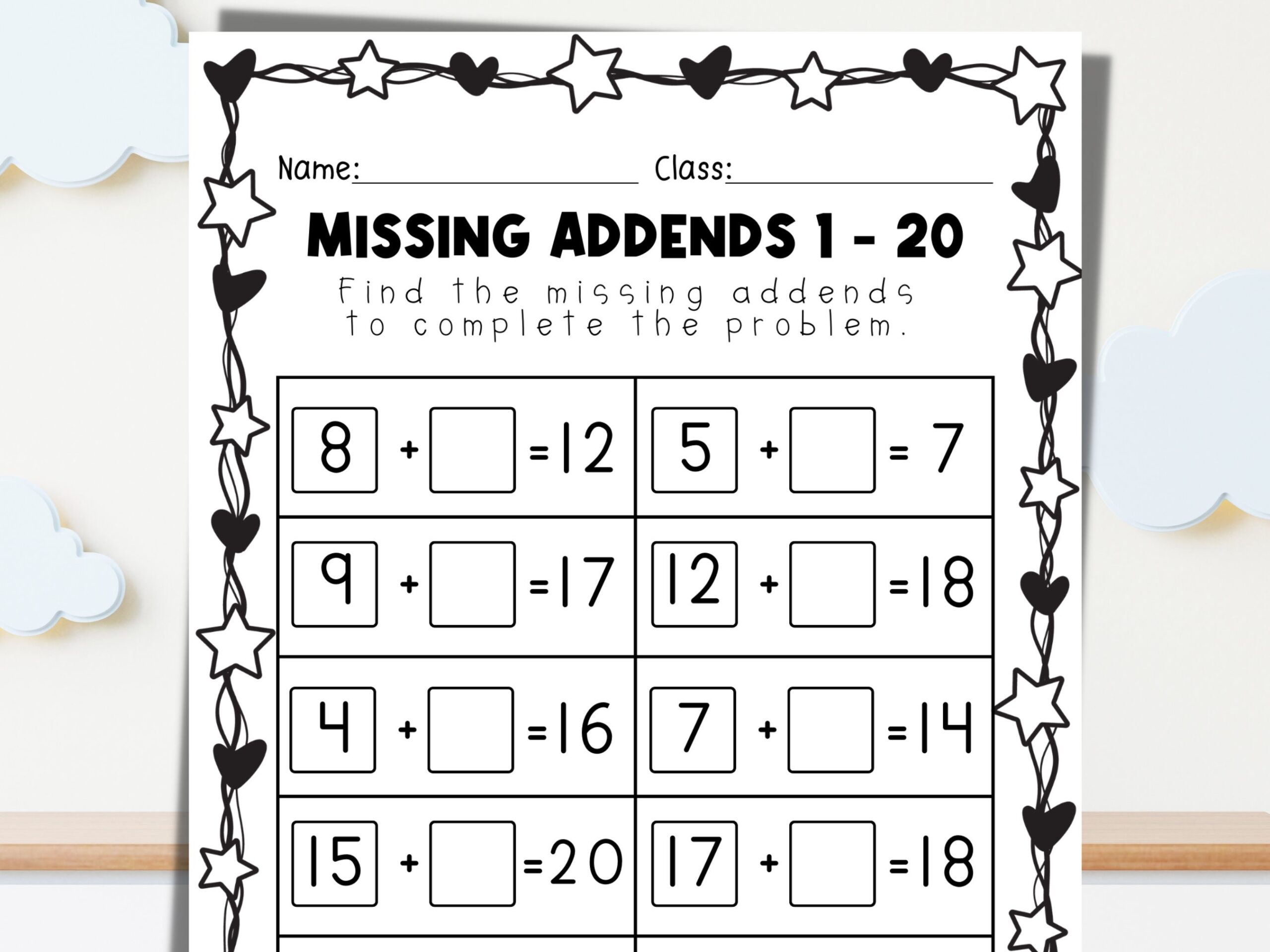 Missing Addends 1 20 Worksheet Math Practice Digital Download Etsy Missing Addends Worksheets Kindergarten 2nd Grade Math PDF Etsy