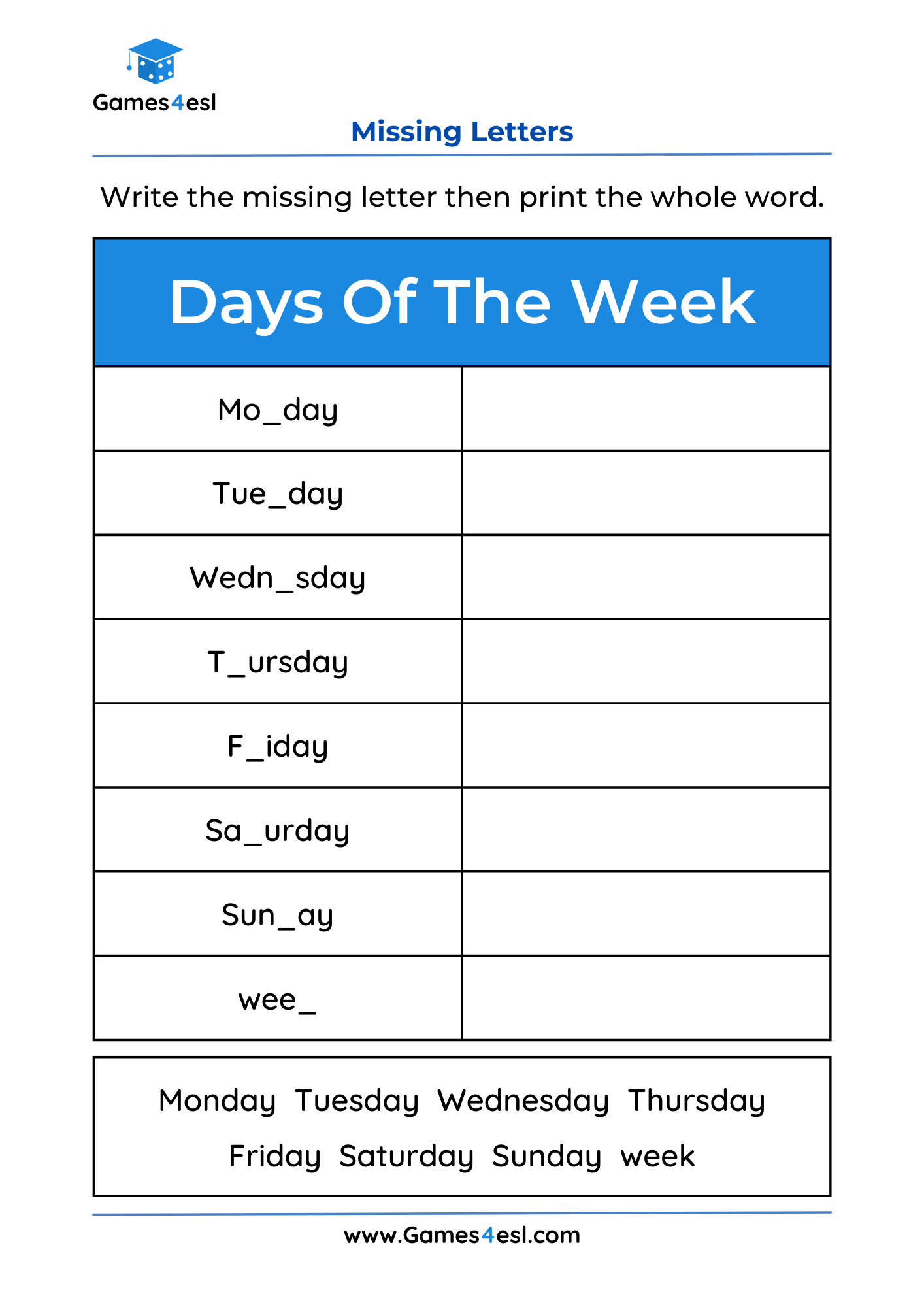 Missing Letter Worksheets Games4esl