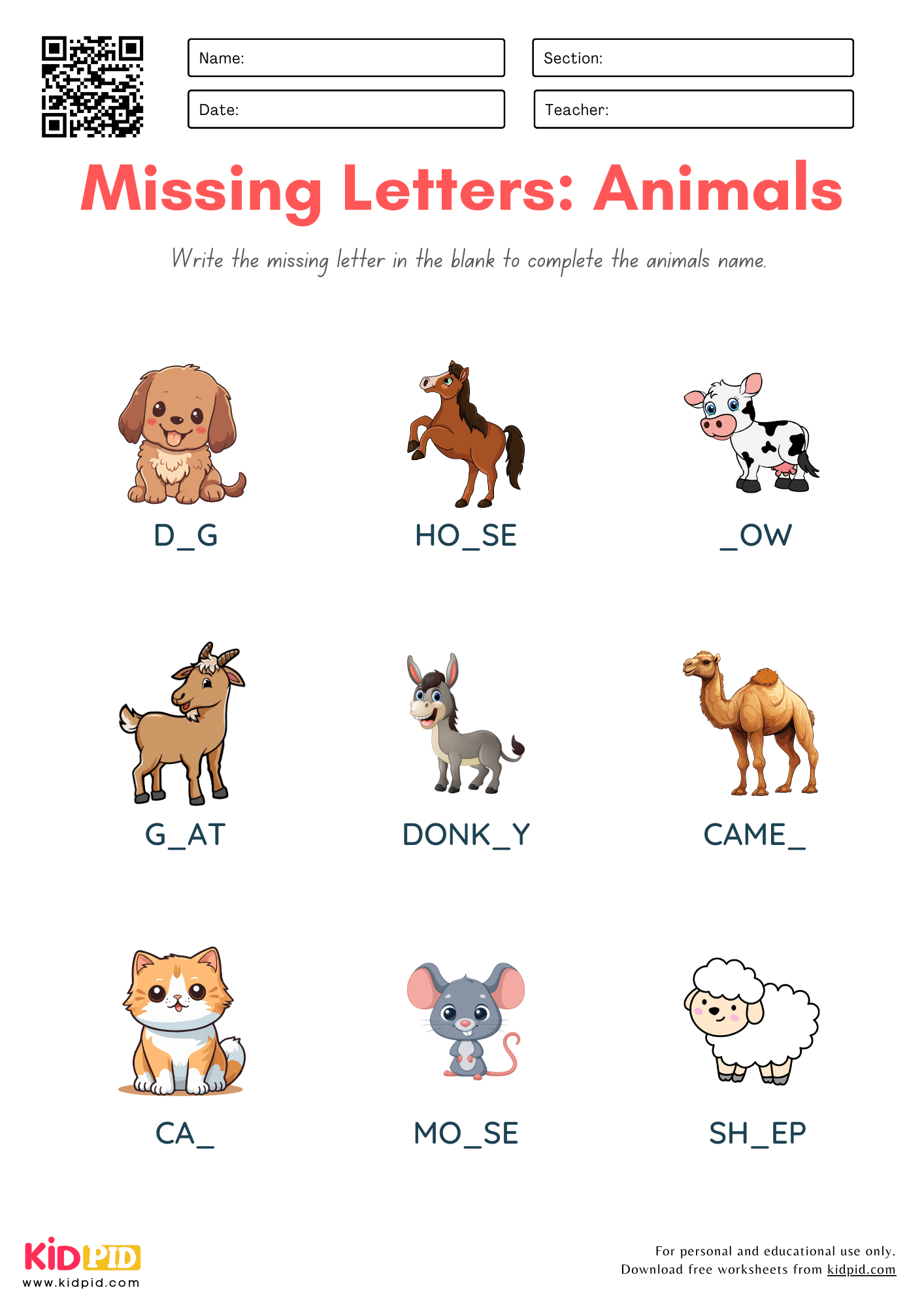 Missing Letters Of Animals Worksheet For Grade 1 Kidpid