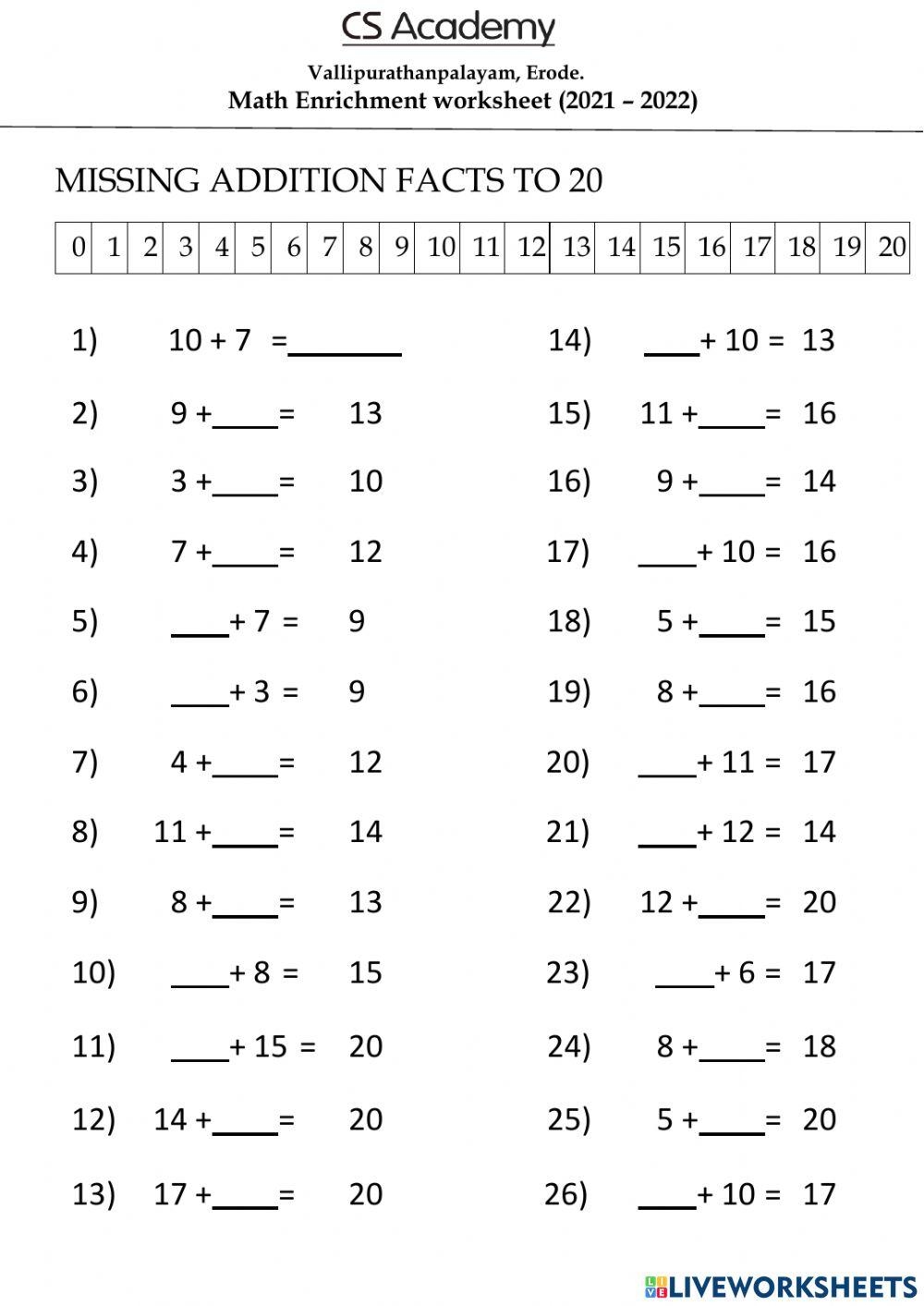 Missing Numbers Interactive Exercise For Grade 2 Worksheets Library