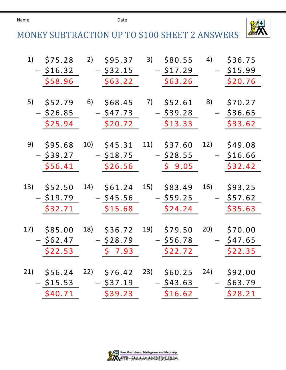 Money Subtraction Up To 100 Sheet 2 Answers Money Subtraction Up To 100 Sheet 2 Answers