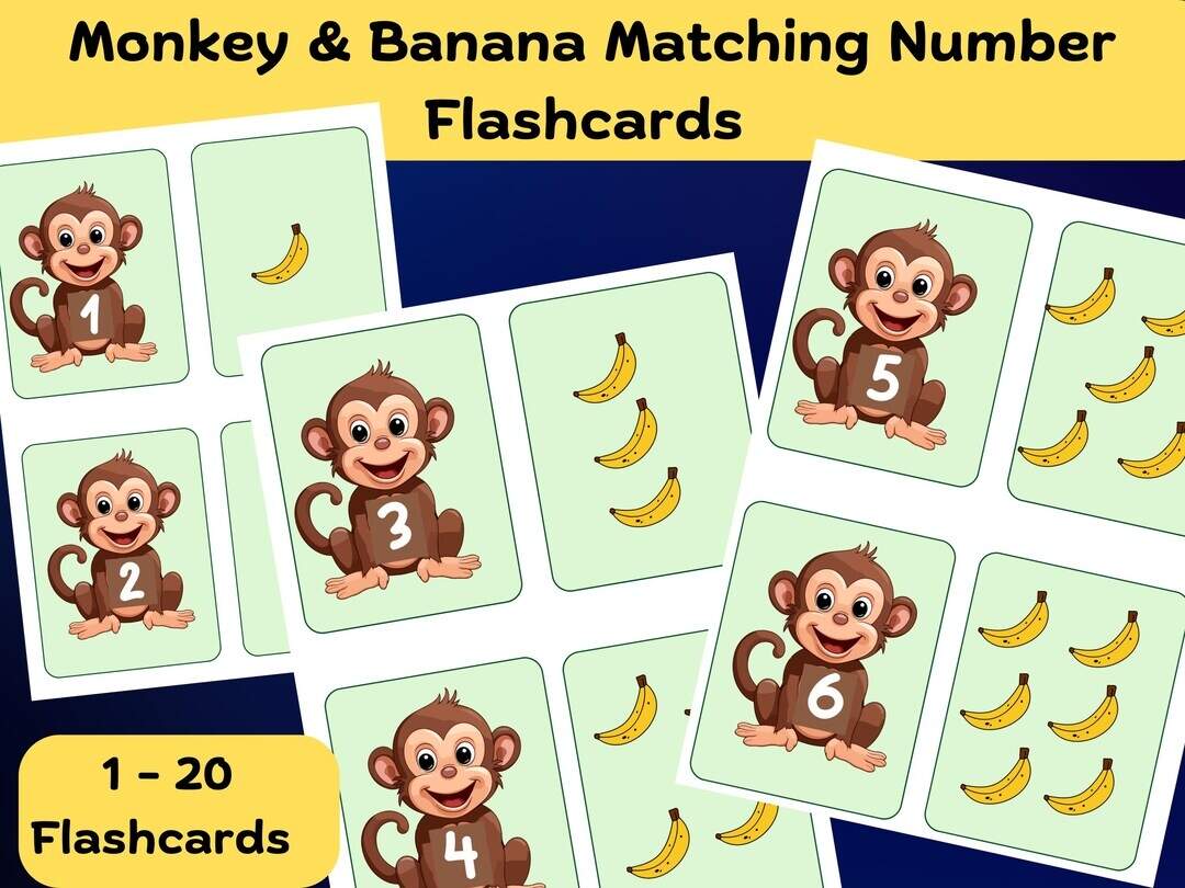 Monkey Banana Number Flashcards Preschool Learning 1 20 Etsy