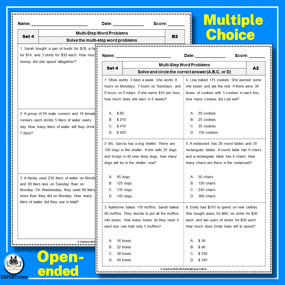 Multi Step Word Problems Worksheets Addition Subtraction Multiplication And Division Word Problems SET 4 Classful
