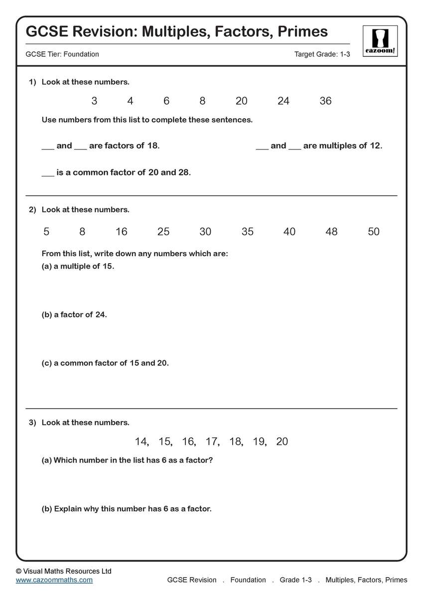 Multiples Factors Primes GCSE Questions GCSE Revision Questions Factors And Primes Worksheet Printable Maths Worksheets