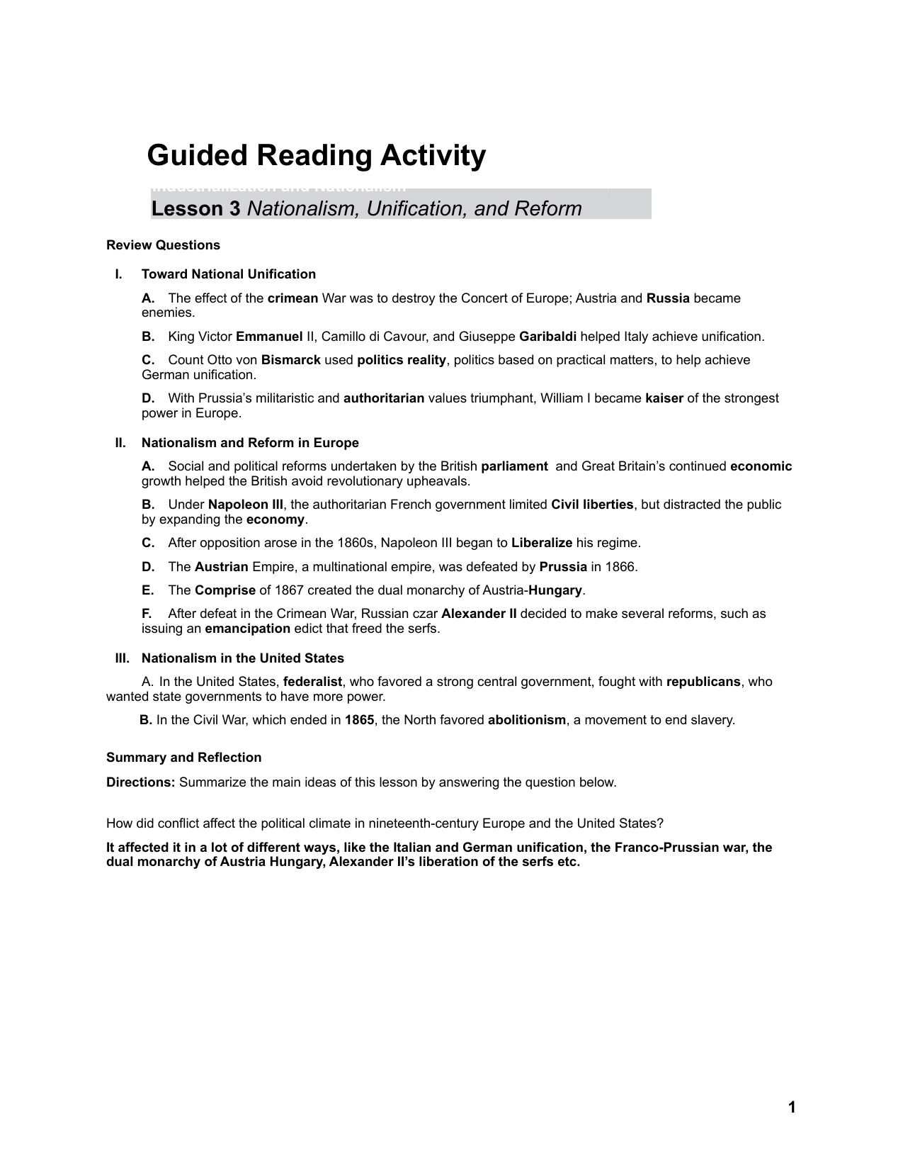 Nationalism Unification And Reform Guided Reading Activity