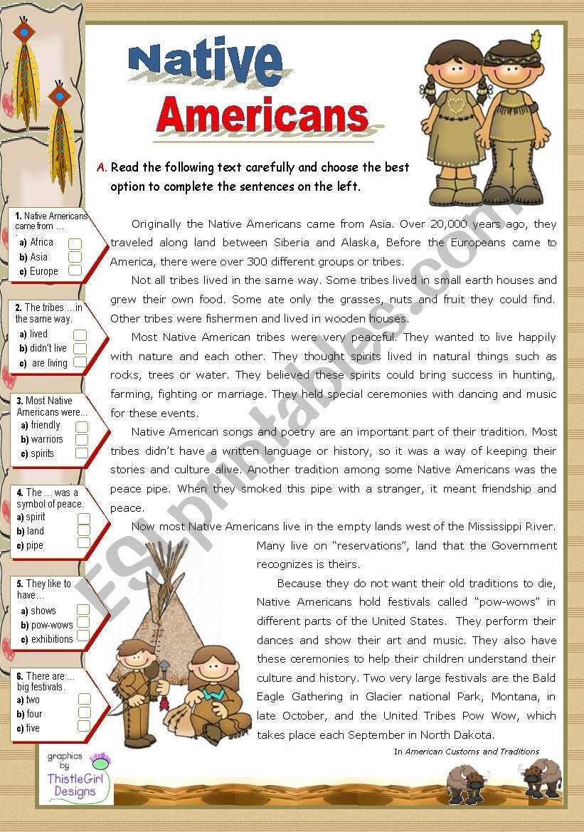 Native Americans Reading For Upper Elementary Lower Intermediate Stds ESL Worksheet By Mena22