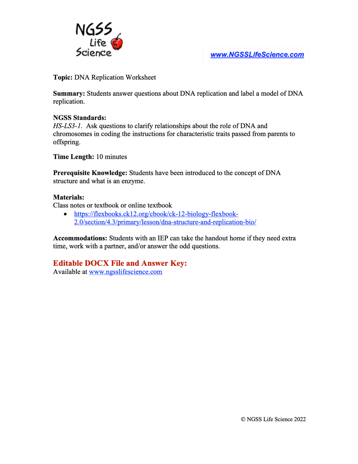 NGSS Life Science DNA Replication Worksheet Model Activity Studocu