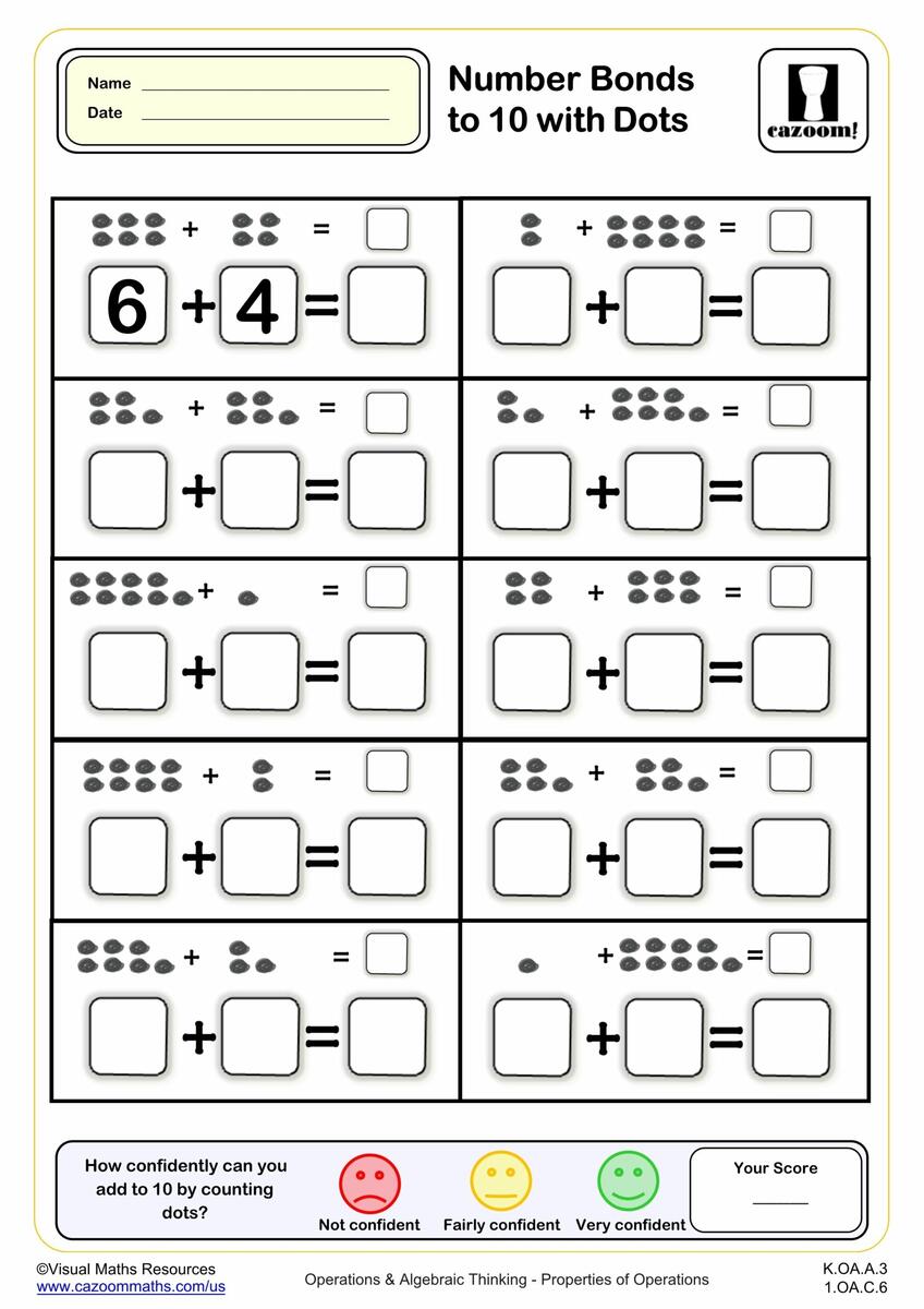 Number Bonds To 10 With Dots K Grade PDF Addition Worksheets Cazoom Math 10 Printable Number Bonds Worksheets Numbers 1 20 Kdg 2nd Grade Math Etsy