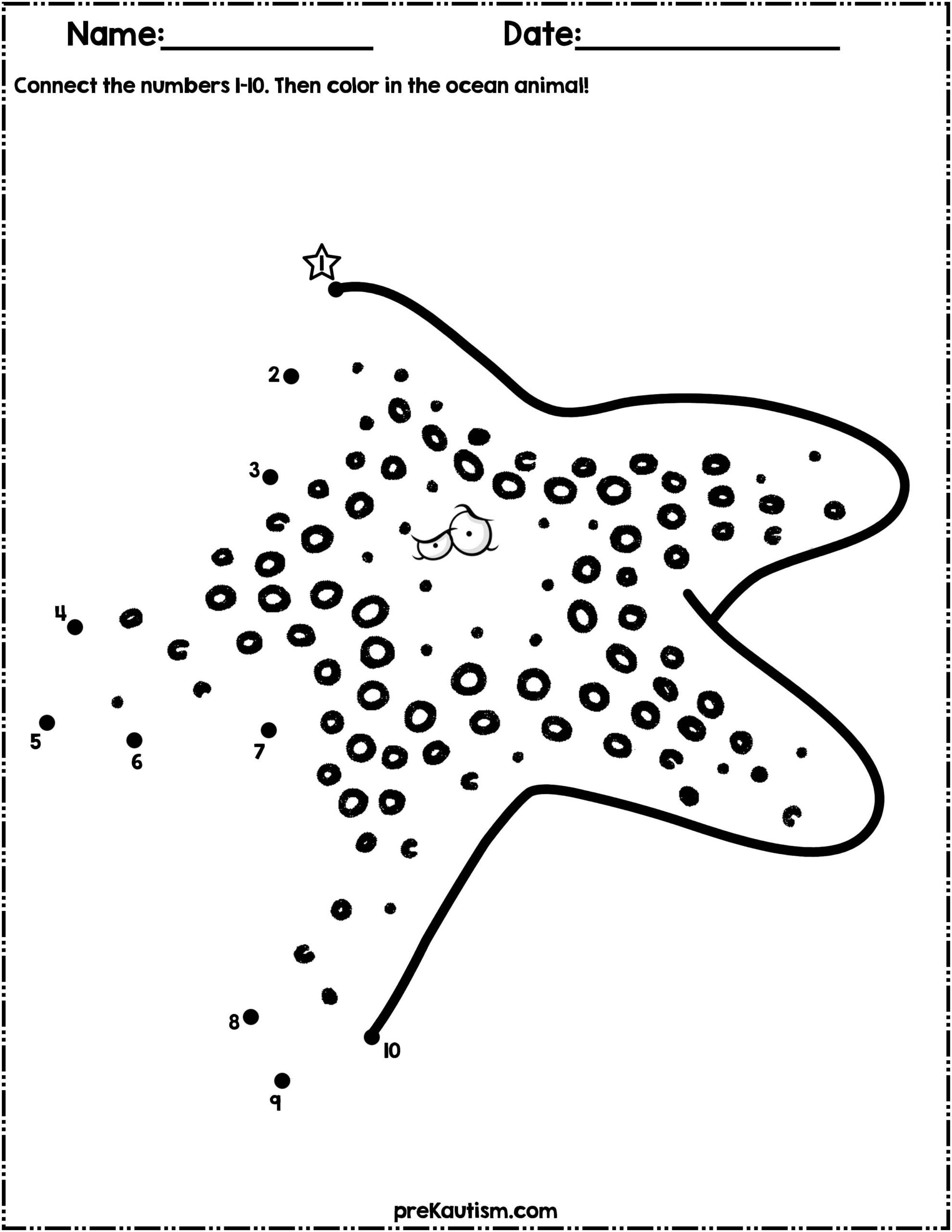 Ocean Animals Dot To Dot Worksheets Numbers 1 10 By PreKautism