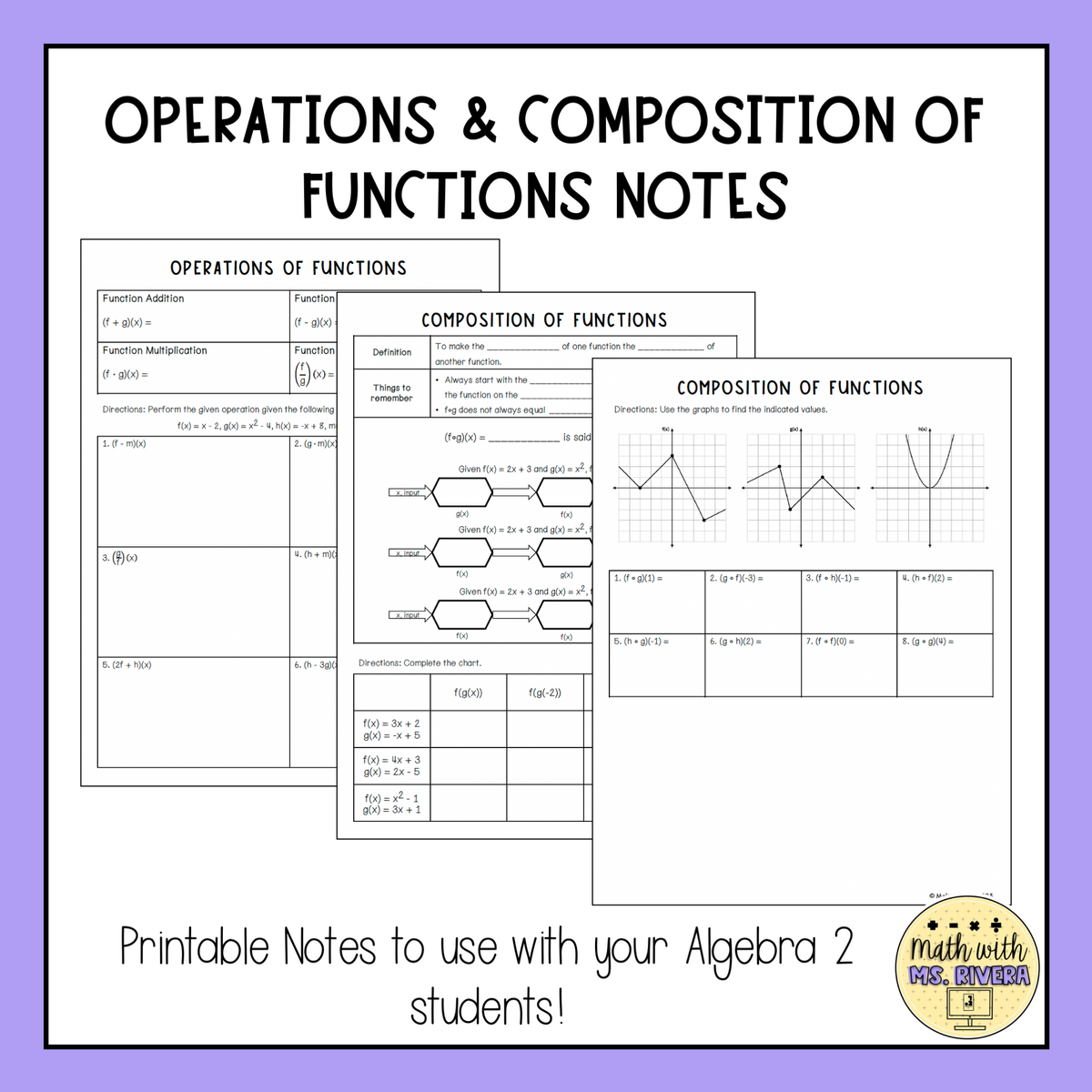 Operations Composition Of Functions Guided Notes For Algebra 2 Maila Rivera Math With Ms Rivera High School Math Resources