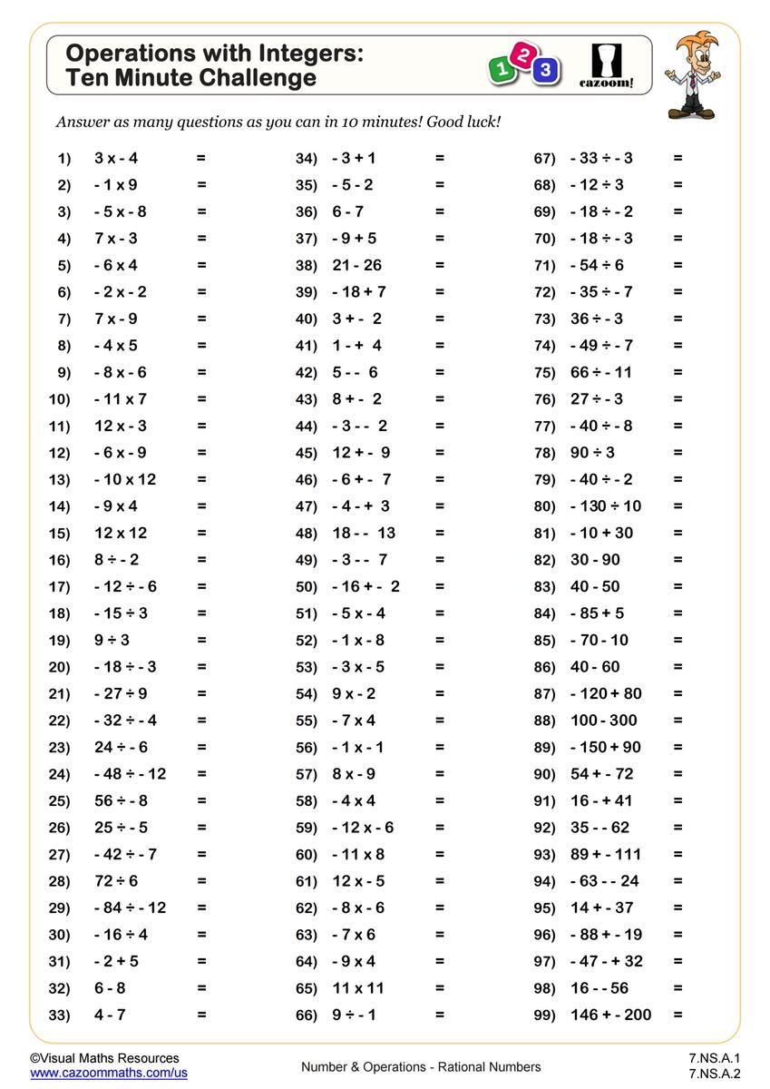 Operations With Integers Ten Minute Challenge Worksheet PDF Printable Number Operations Worksheet Cazoom Math Operations With Integers Ten Minute Challenge Worksheet PDF Printable Number Operations Worksheet Cazoom Math