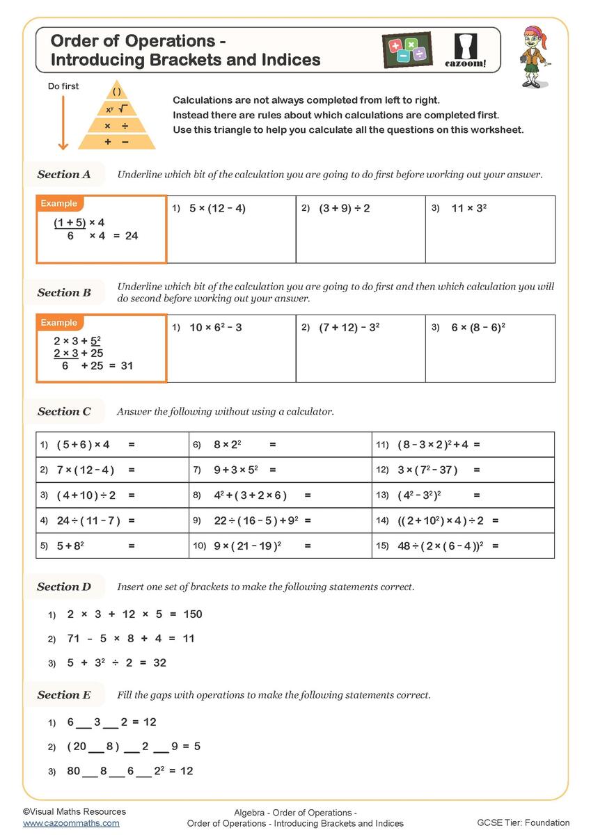 Order Of Operations Introducing Brackets And Indices Worksheet Printable Maths Worksheets