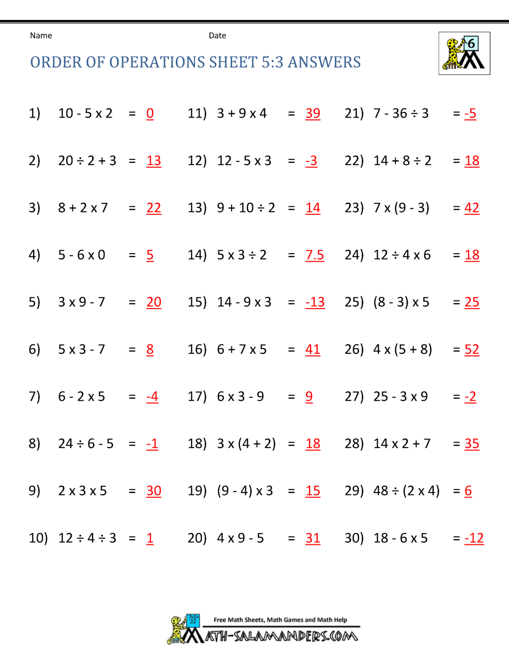Order Of Operations Sheet 5 3 Answers PEMDAS Problems Worksheets 5th Grade