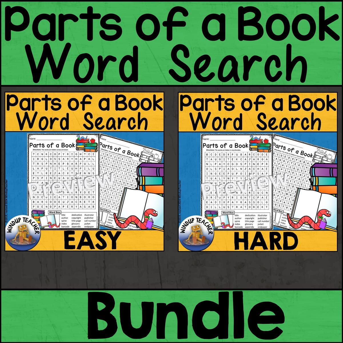 Parts Of A Book Word Search Activity Sheets BUNDLE To Differentiate Classful