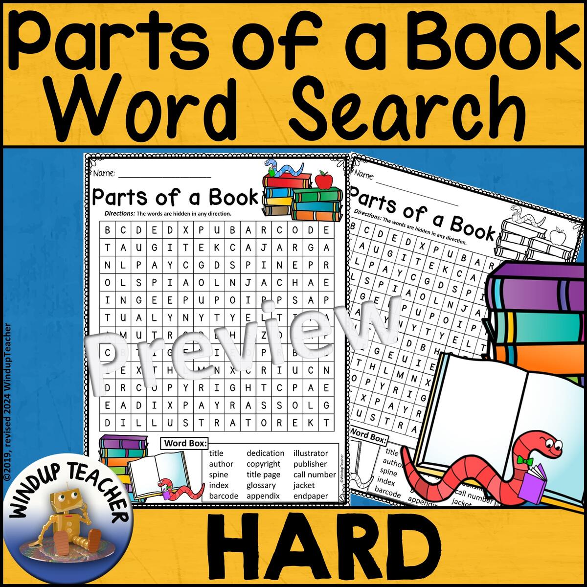 Parts Of A Book Word Search HARD Puzzle Activity Sheet Classful