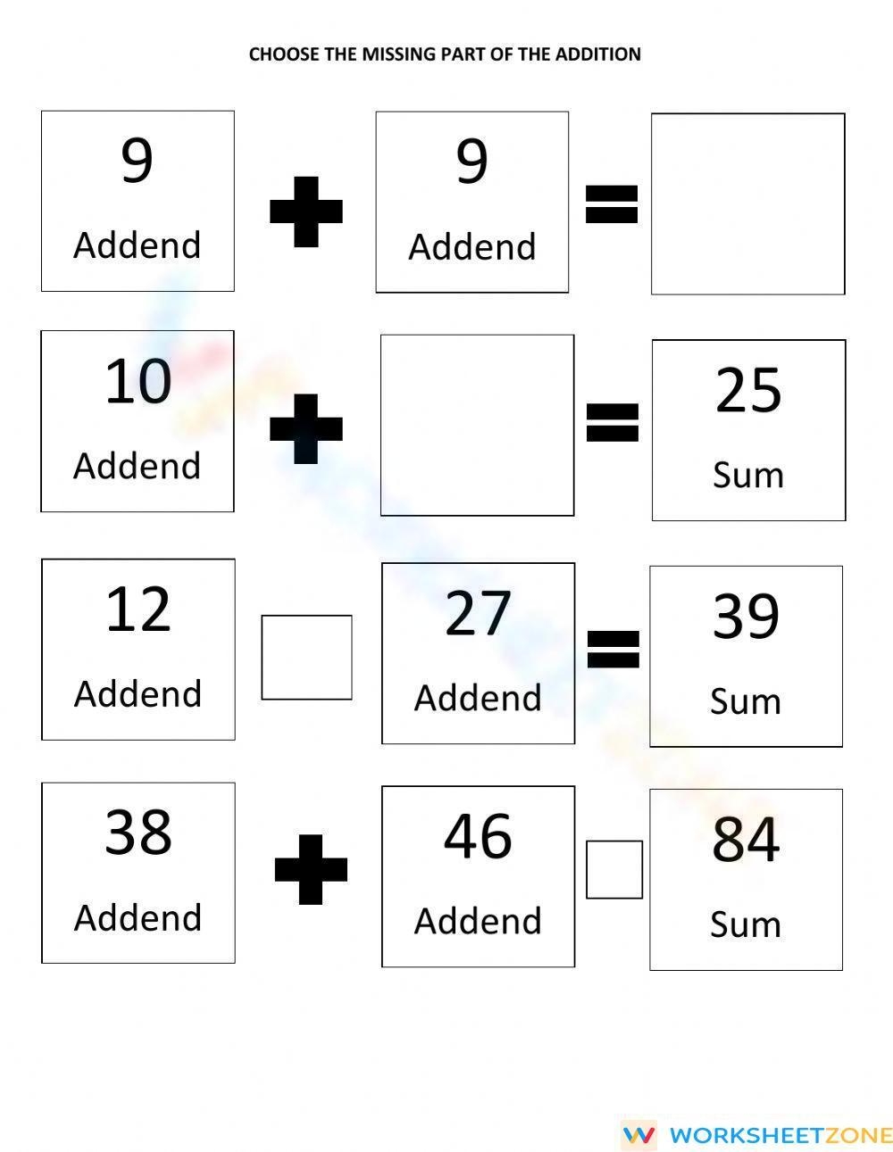 Parts Of Addition Worksheet
