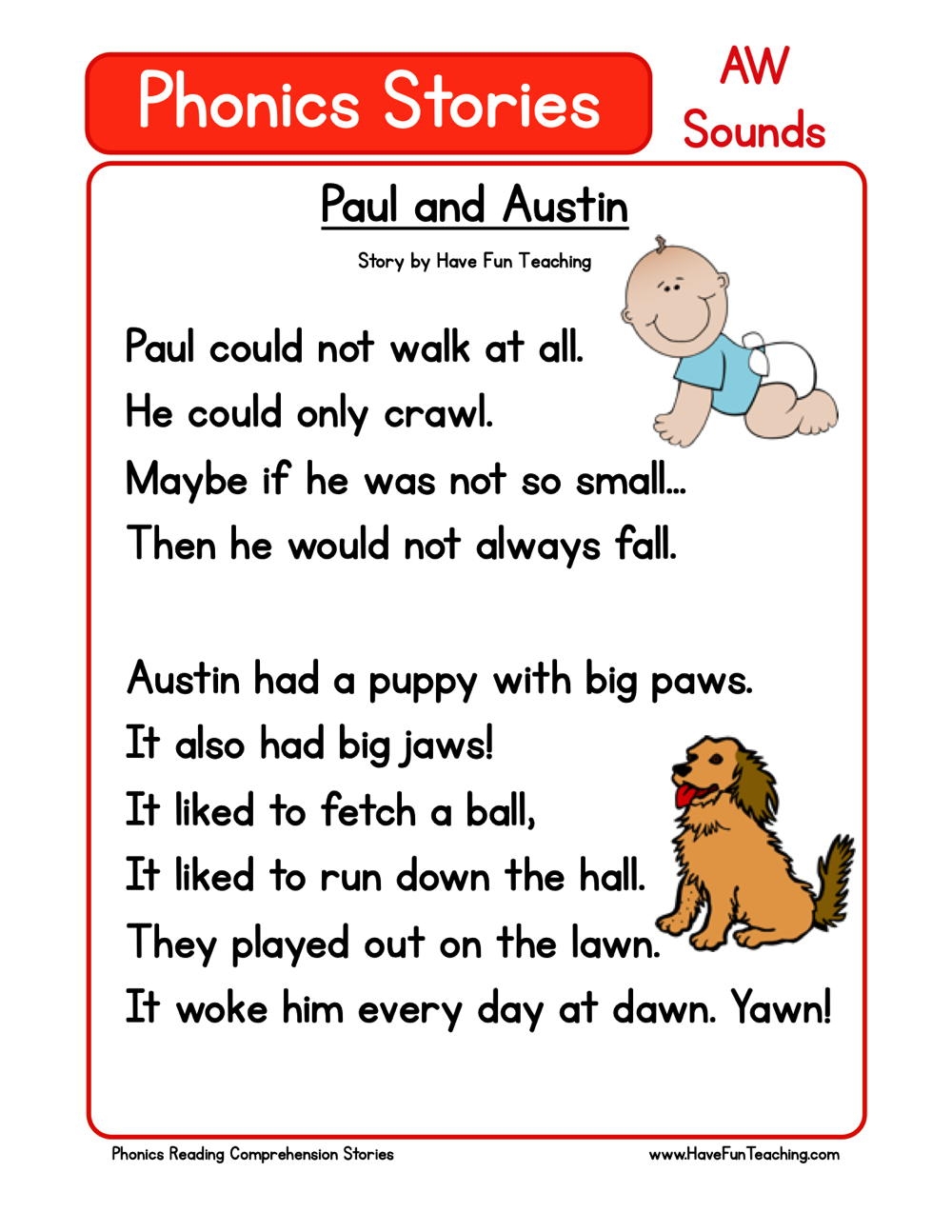 Paul And Austin Phonics Reading Comprehension Story Worksheet AW Sound Have Fun Teaching