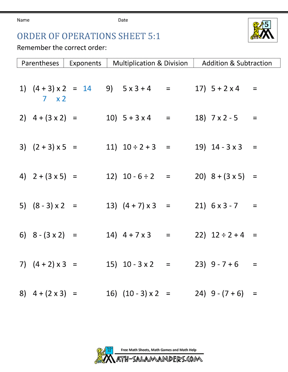 PEMDAS Problems Worksheets 5th Grade