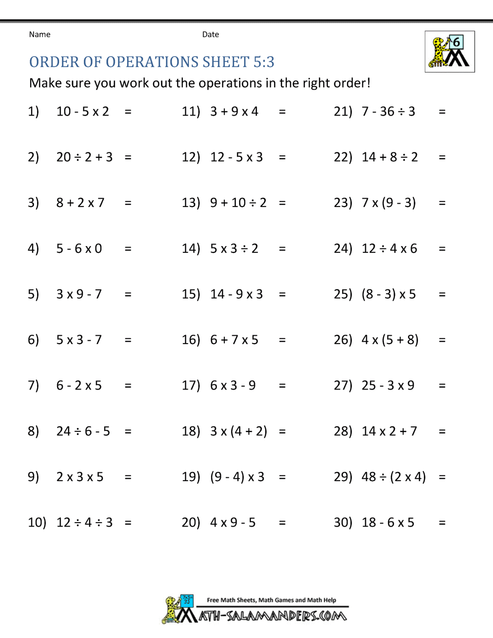 PEMDAS Problems Worksheets 5th Grade