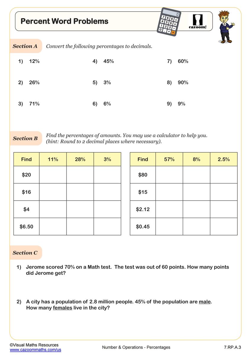 Percent Word Problems Worksheet PDF Printable Number Operations Worksheet Cazoom Math