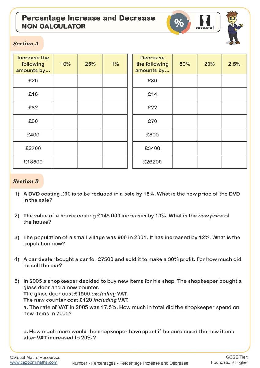 Percentage Increase And Decrease Worksheet Cazoom Maths Worksheets